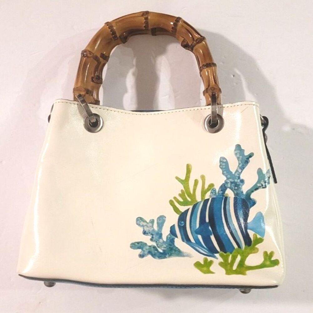 Patricia Nash Leather Satchel with Blue Fish Coral Design & Bamboo top handle